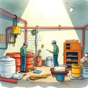 Workers organizing maintenance resources in a facility storage area.