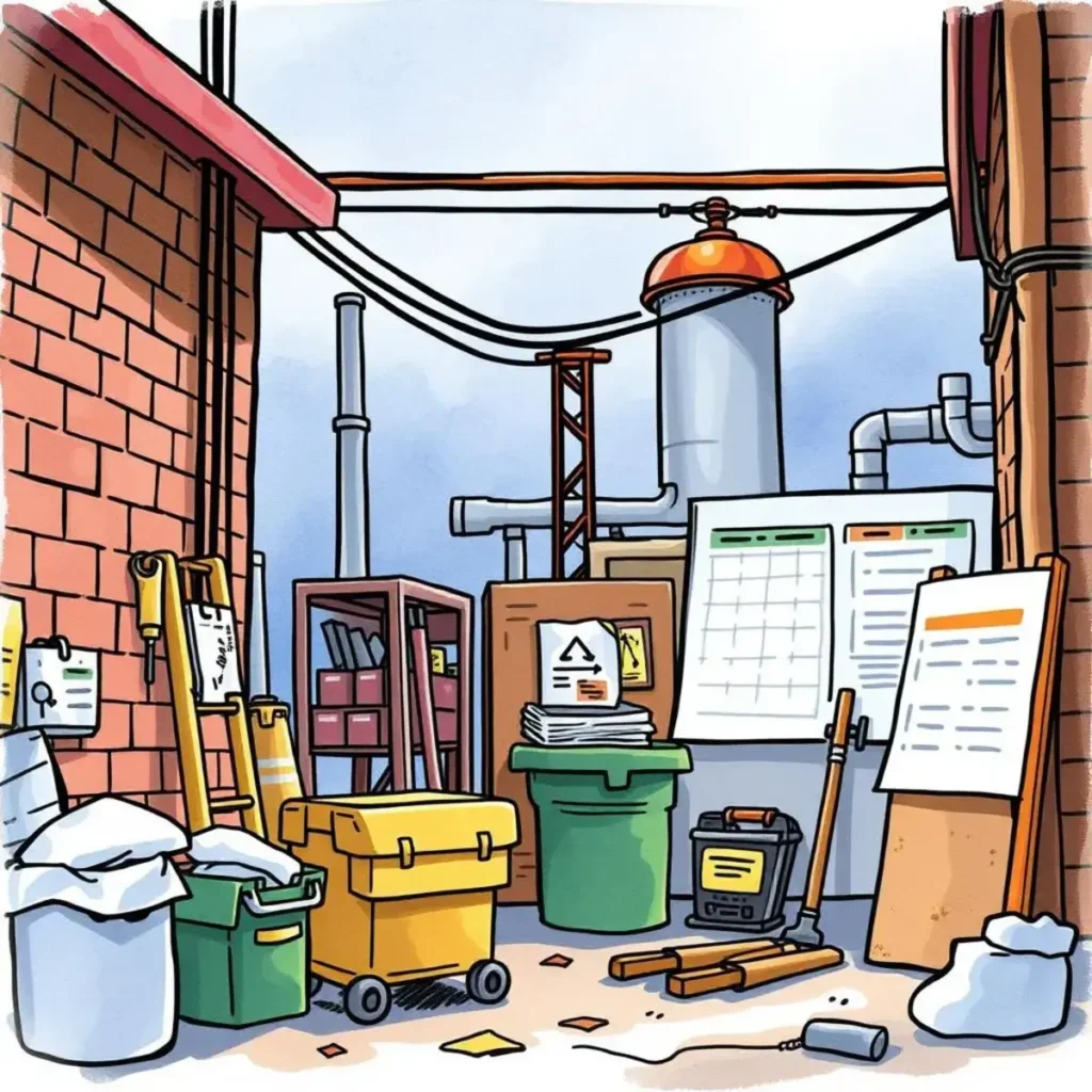 Facility task scheduler: Create schedules for maintenance work orders 1 Illustration of a busy maintenance area with scheduling charts and tools.