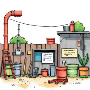 Colorful illustration of a maintenance workspace with tools and equipment.