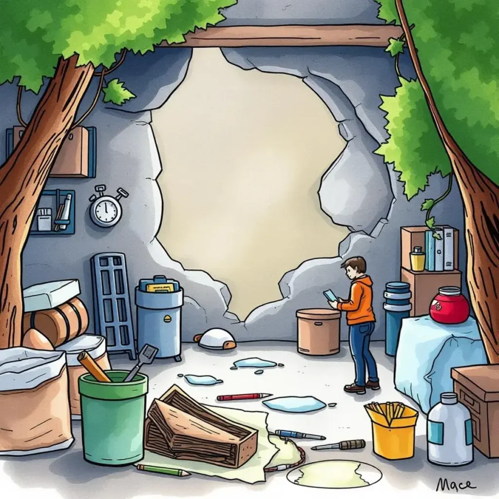 A maintenance scheduler resolving conflicts in a cluttered workspace.