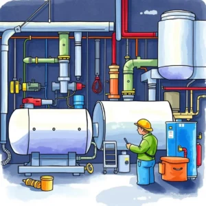 A technician examining equipment in a colorful industrial setting for maintenance training.