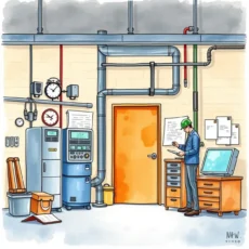A maintenance trainer reviewing schedules in a manufacturing workshop.