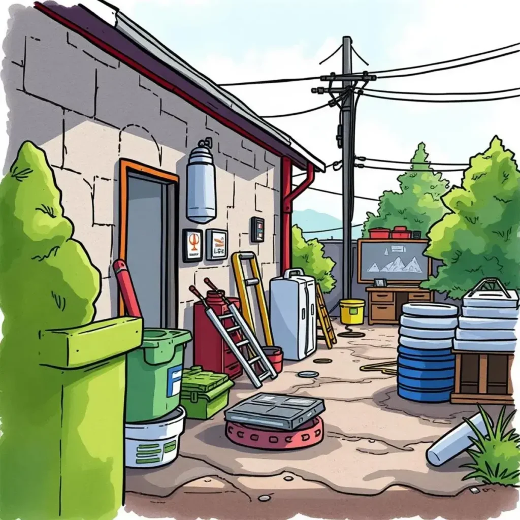 Work request formatter: Structure and generate facility maintenance requests 1 A well-organized outdoor maintenance area with equipment and supplies.
