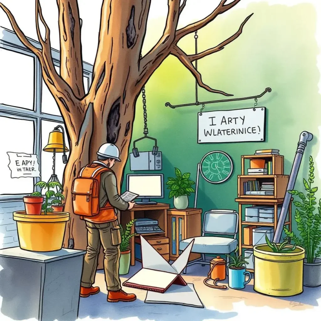 Version history analyzer: Analyze and summarize the evolution of a project 1 Person analyzing project data in a creative, nature-inspired office setting.