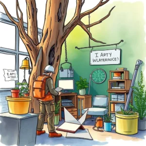 Person analyzing project data in a creative, nature-inspired office setting.