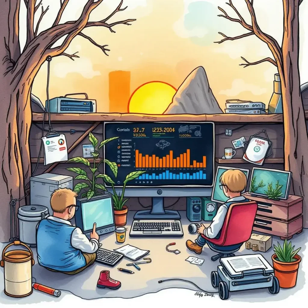 Version status reporter: Summarize the current status of project versions 1 A group of children monitors project version statuses in a cozy workspace with sunset view.
