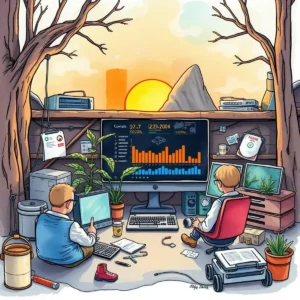 Version status reporter: Summarize the current status of project versions 9 A group of children monitors project version statuses in a cozy workspace with sunset view.