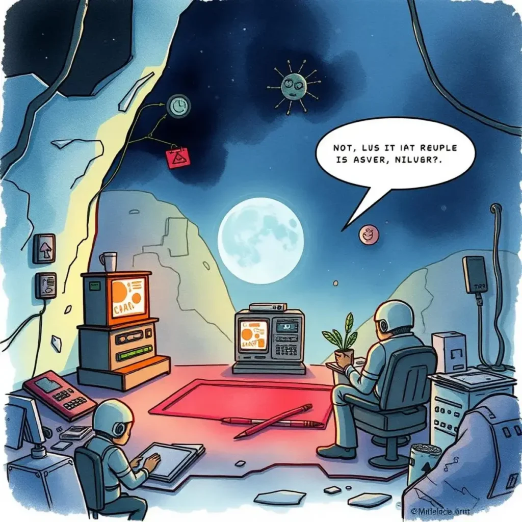 Threat source explainer: Clarify origins of detected malware threats 1 Astronauts analyzing malware origins in a cosmic setting with retro computers and outer space elements