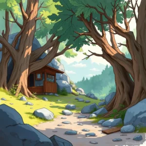 A serene pathway through trees leading to a rustic cabin.
