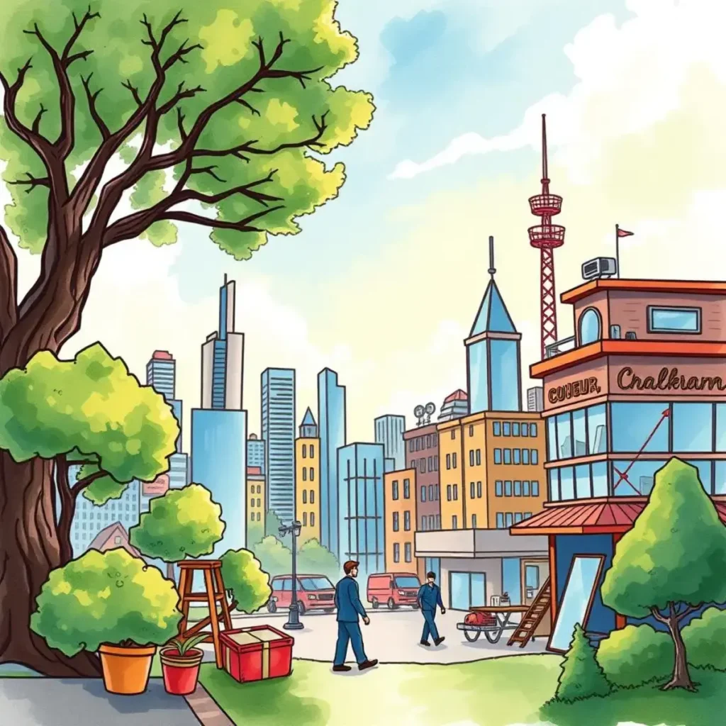 Illustration of a cityscape with professionals analyzing market trends.