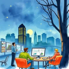 Professionals analyzing market data with city skyline backdrop.