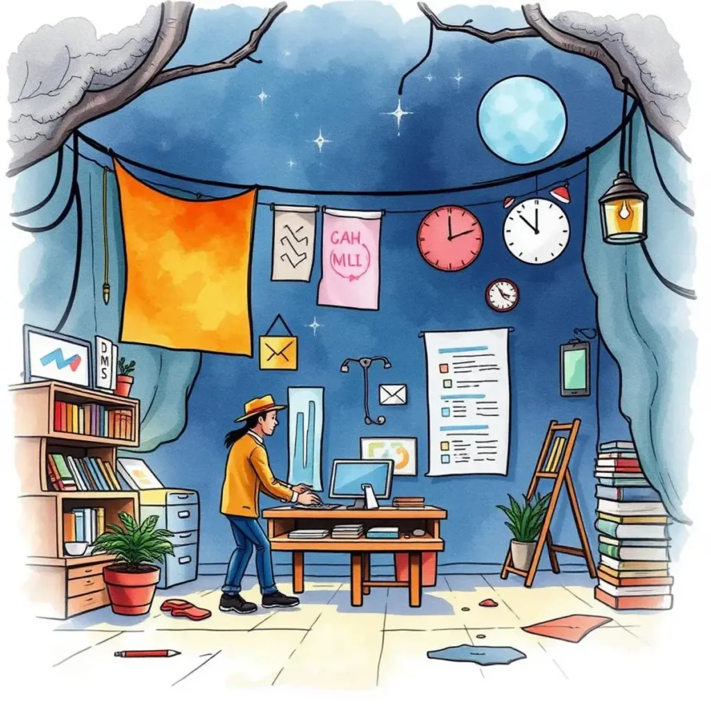 A person analyzing data in a creative, cozy workspace setting.