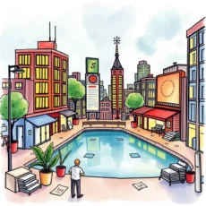 Vibrant cityscape illustration depicting a central data collection hub