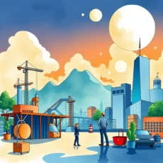 Business professionals analyzing market trends in a futuristic cityscape.