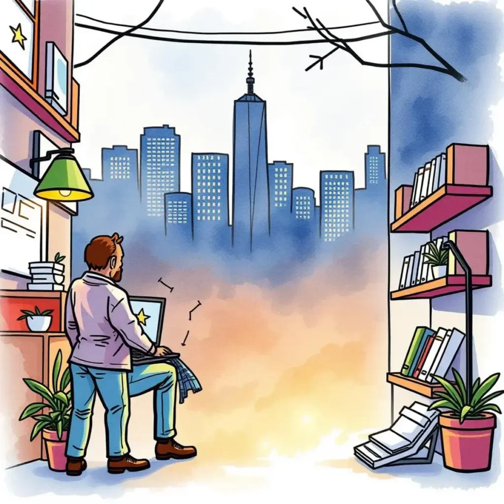 Market messaging evaluator: Evaluate effectiveness of brand communication strategies 1 Person analyzing data on laptop with city skyline view, symbolizing brand strategy.