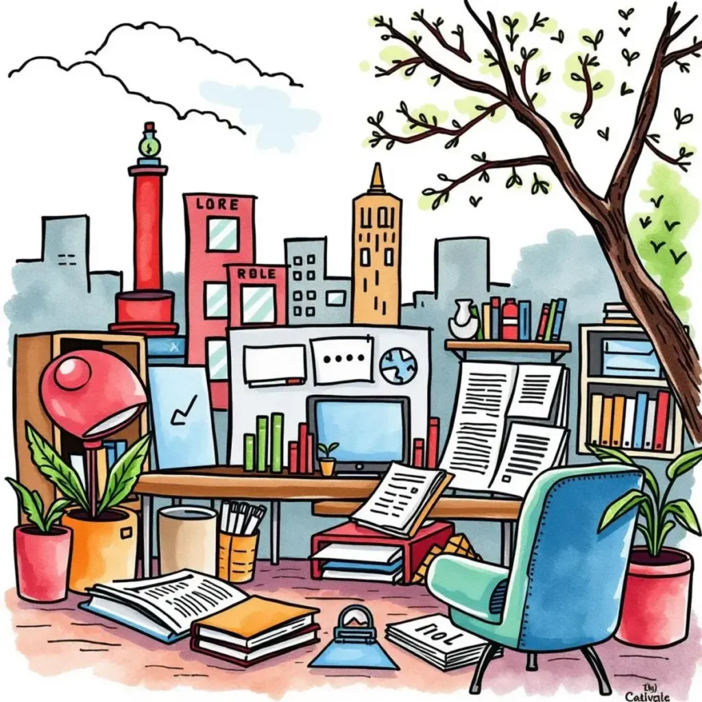Market need discovery survey tool: Develop surveys to identify customer needs 1 Colorful workspace illustrating creativity for market research surveys.