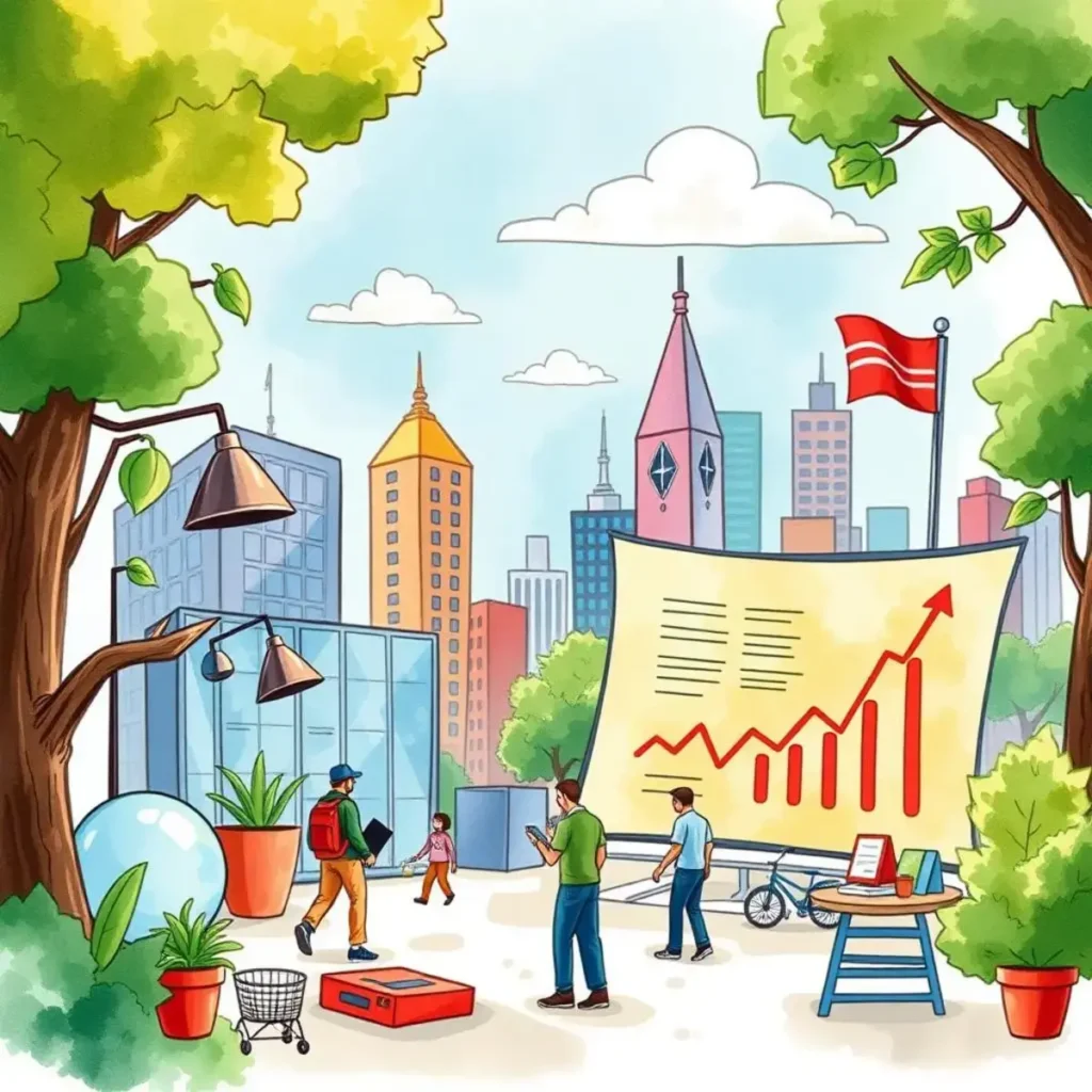 Assemble market trends insights in a vibrant city park scene showcasing analytics tools and professionals working together.