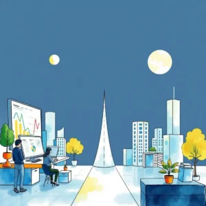 Analysts evaluating market trends in a vibrant urban setting.