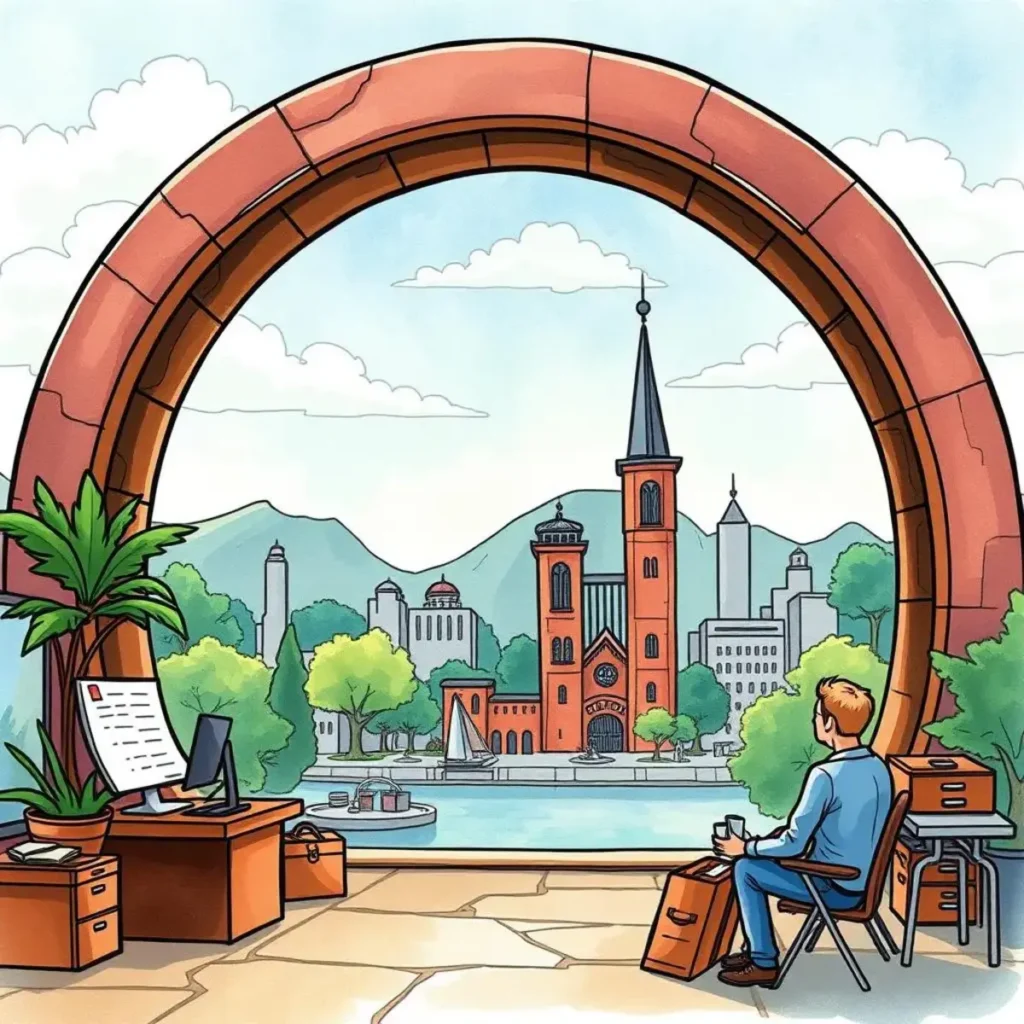 A professional seated at a desk looking at a scenic city view through a large archway.