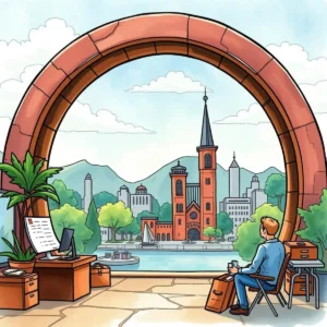 A professional seated at a desk looking at a scenic city view through a large archway.