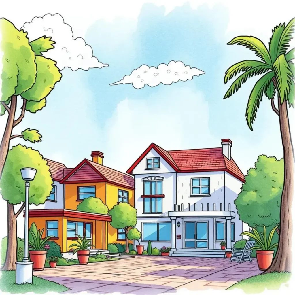 Market research report creator: Create comprehensive market research reports 1 Illustration of a vibrant residential area with diverse house designs.