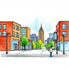 Illustration of a cityscape with skyscrapers and greenery.