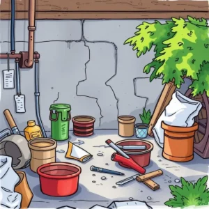 Cluttered workspace with various tools and materials for maintenance tasks.