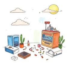 Colorful illustration of an engineering workspace with various materials and tools.