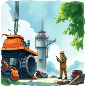 Mechanical engineer using technology near industrial machinery and tools.