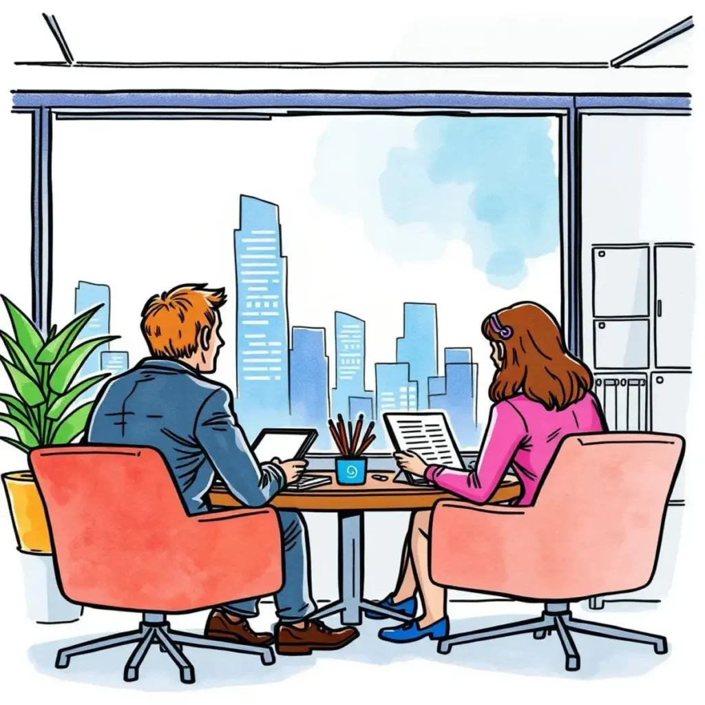 Meeting outline creator: Craft concise outlines for effective discussions 1 A man and a woman collaborating over tablets and documents in a modern office setting with a city view.
