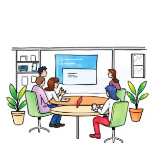 Team collaborating in a modern meeting room with a presentation.
