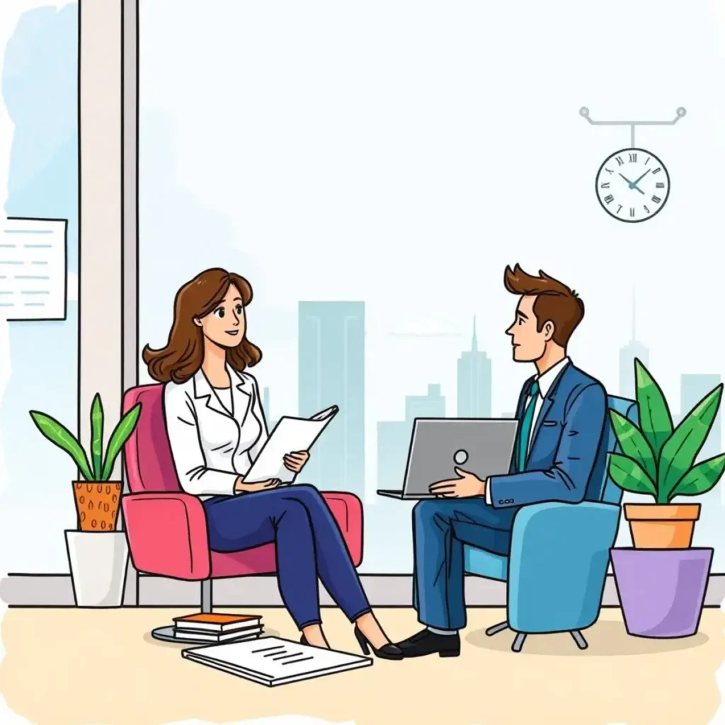 Meeting request generator: Create professional scheduling emails 1 Professionals discussing scheduling in a modern office setting.