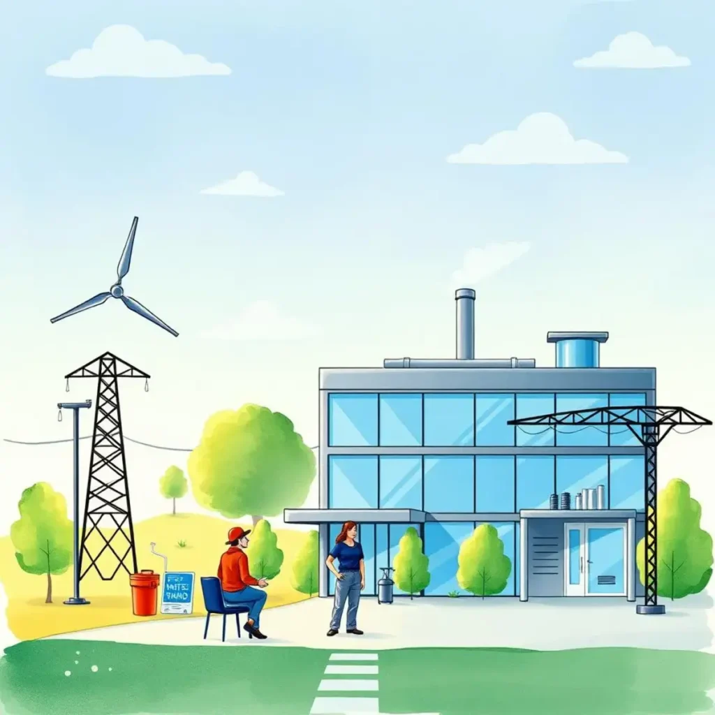 Meeting summary generator: Summarize discussions with utility representatives 1 Wind turbine and utility building scene with two people discussing energy management topics.