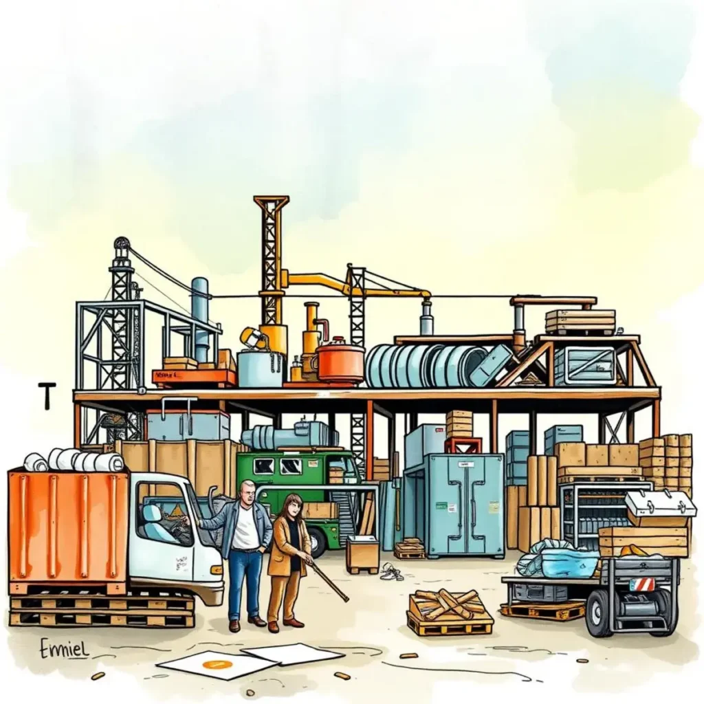 Manufacturing site showcasing workers discussing waste reduction strategies.