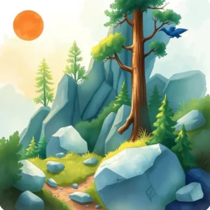 A picturesque landscape with tall trees, mountains, and a serene sun overhead.