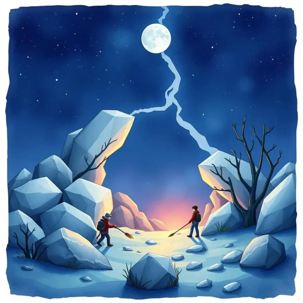 Merge conflict identifier: Pinpoint potential merge issues in repositories 1 Two figures navigating a rocky landscape, symbolizing merge conflict resolution.
