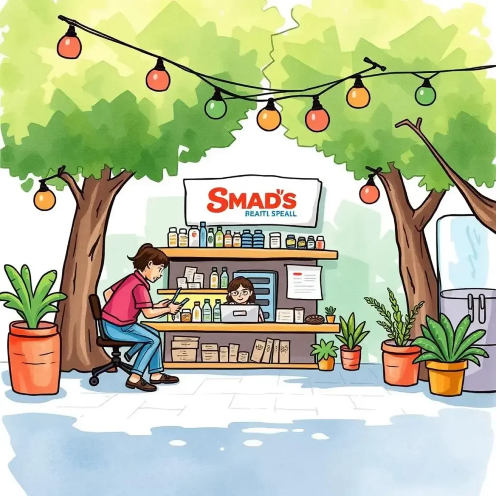 Messaging tone checker: Ensure messaging aligns with brand voice 1 Colorful outdoor scene depicting a shop with customers engaged.
