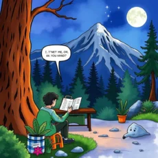 Person reading a document under a moonlit mountain, symbolizing data extraction.