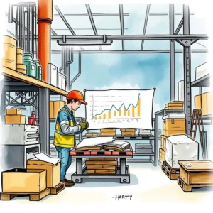 Worker analyzing performance metrics in a manufacturing warehouse setting.