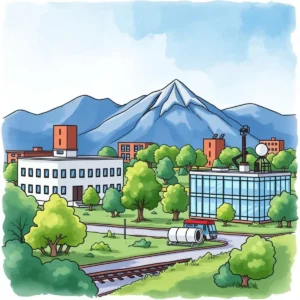 Illustration of a project management landscape with mountains and buildings.