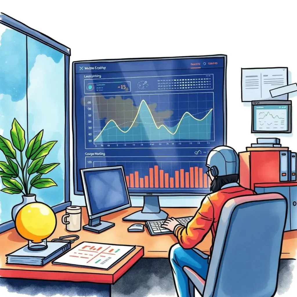 Ml performance communicator: Draft performance communication tailored for stakeholders 1 User analyzing machine learning performance metrics on a desktop dashboard.