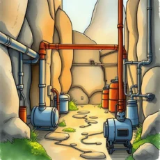 Pipes and machinery in a process simulation environment.