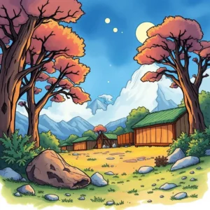 Scenic landscape with mountains, trees, and a tranquil village setting.