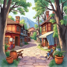 Vibrant street scene with cozy buildings amidst lush greenery.