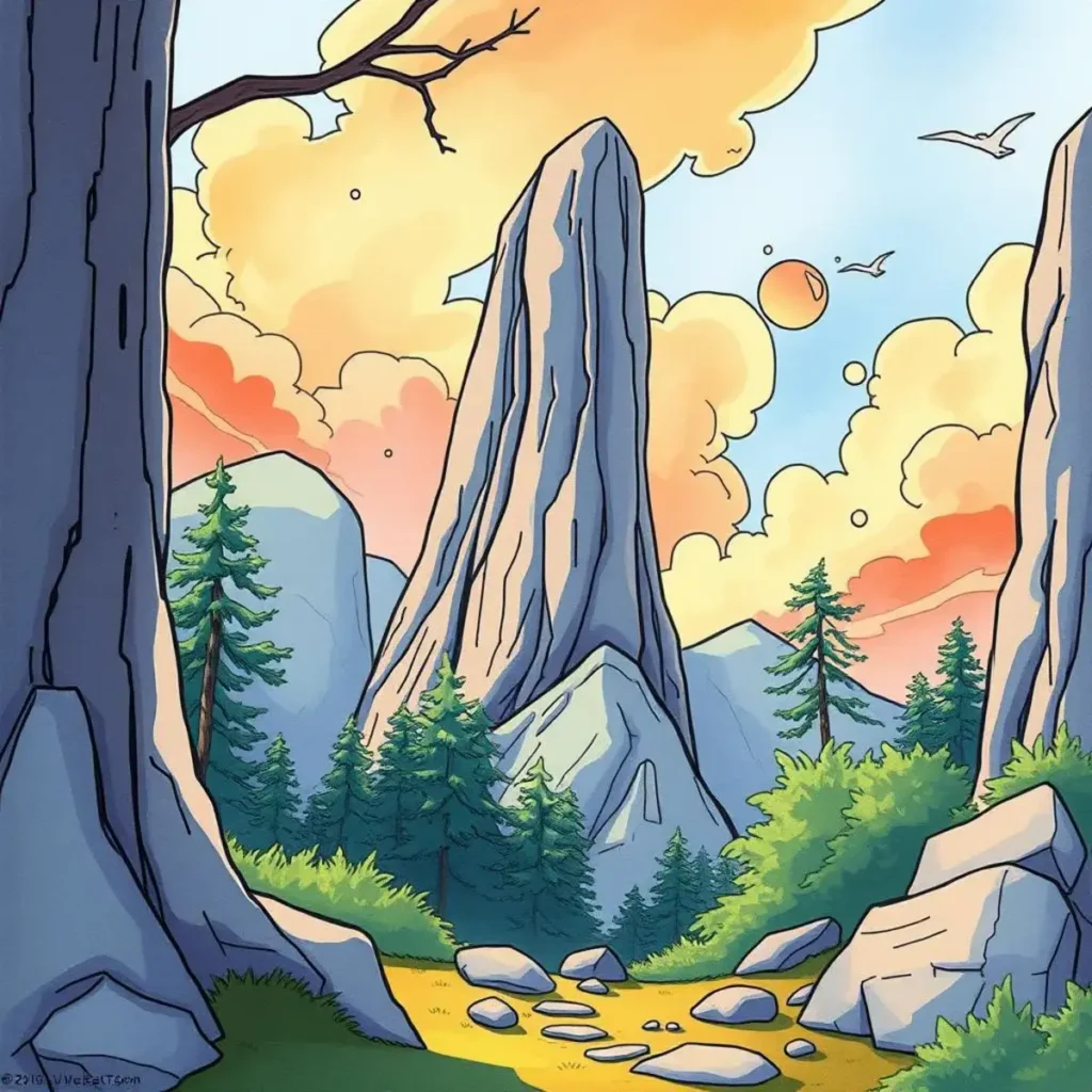 Model training data updater: Revise training data input texts 1 A serene landscape with towering rocks and vibrant skies, symbolizing data evolution.