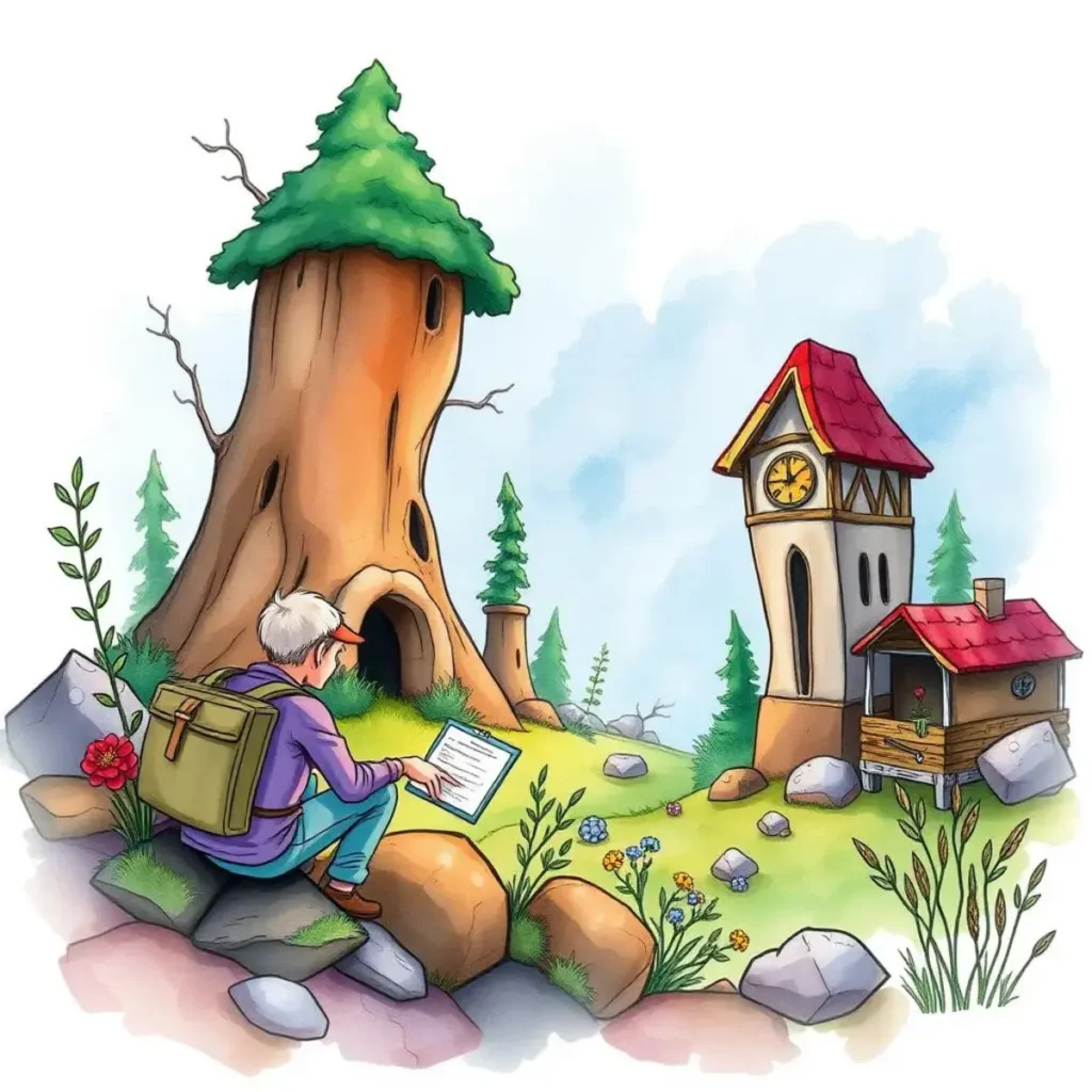 Syntax checker: Identify and correct code syntax issues 1 A person reviewing code near whimsical trees and a clock tower.