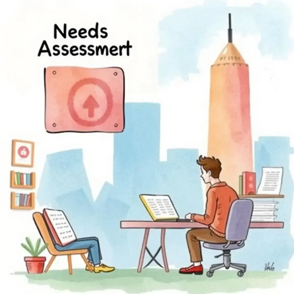 Contextual insight generator: Provide context-rich interpretations of secondary research 1 Illustration of a marketing analyst conducting a needs assessment in an office.