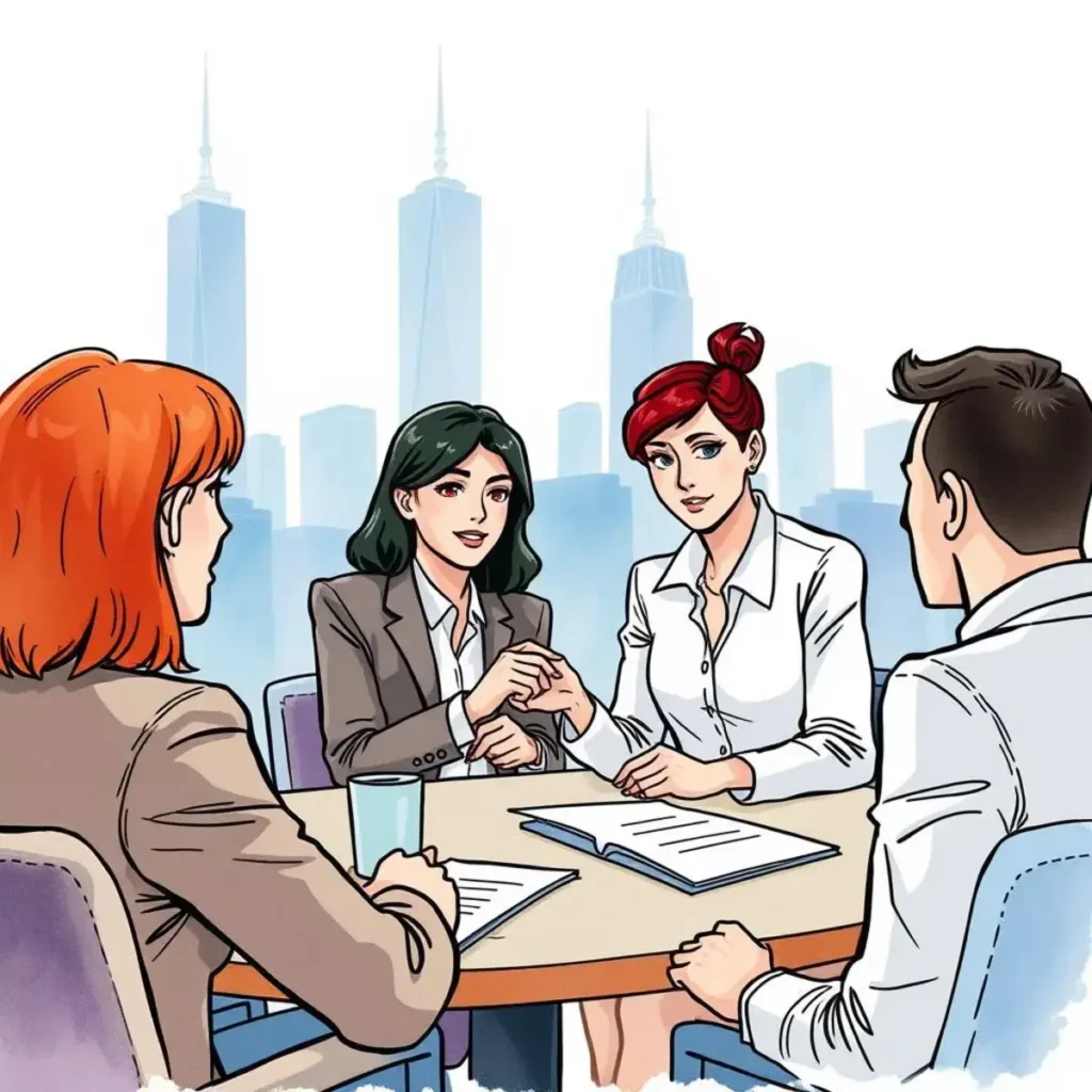 Negotiation strategy suggestion tool: Provide tailored strategies for negotiation discussions 1 Professional negotiation discussion among diverse hr specialists at a table.