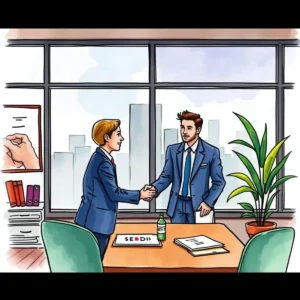 Negotiation success analyzer: Identify success factors in negotiation outcomes 6 Business professionals shaking hands in a modern office setting.