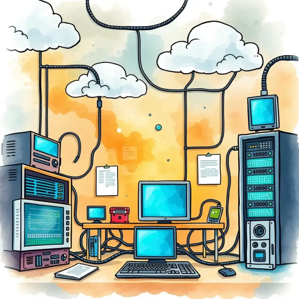 Cables and devices depicting a network audit setup for network security documentation.